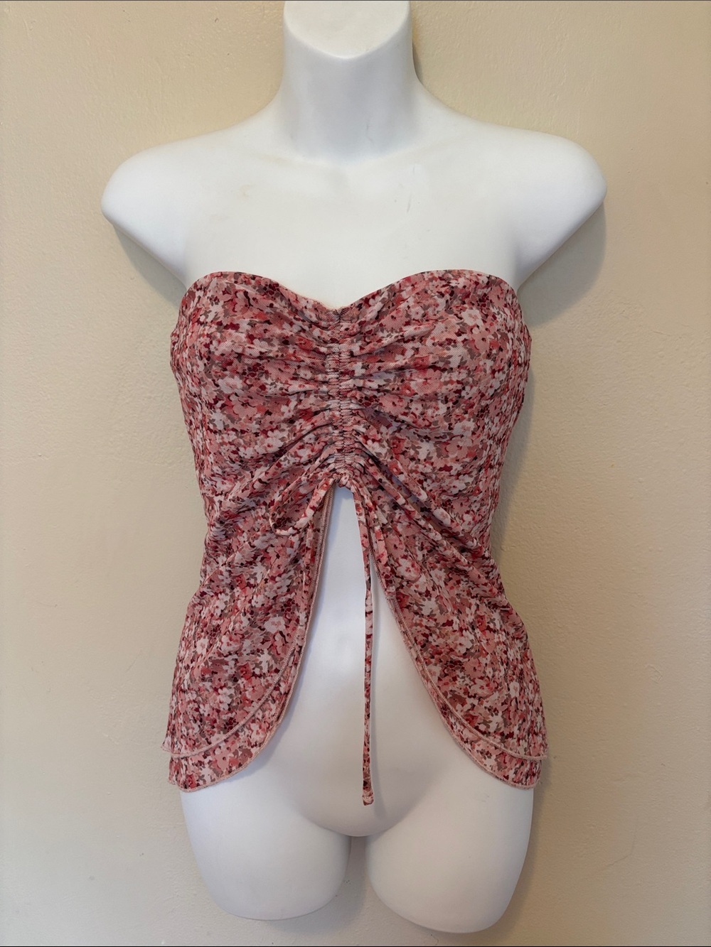 Garage Strapless Pink Floral Ruched Tie-Front Camisole